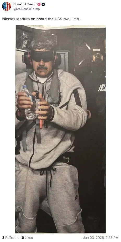 Трамп опубликовал фото Мадуро в наручниках на борту корабля «Иводзима» ВМС США