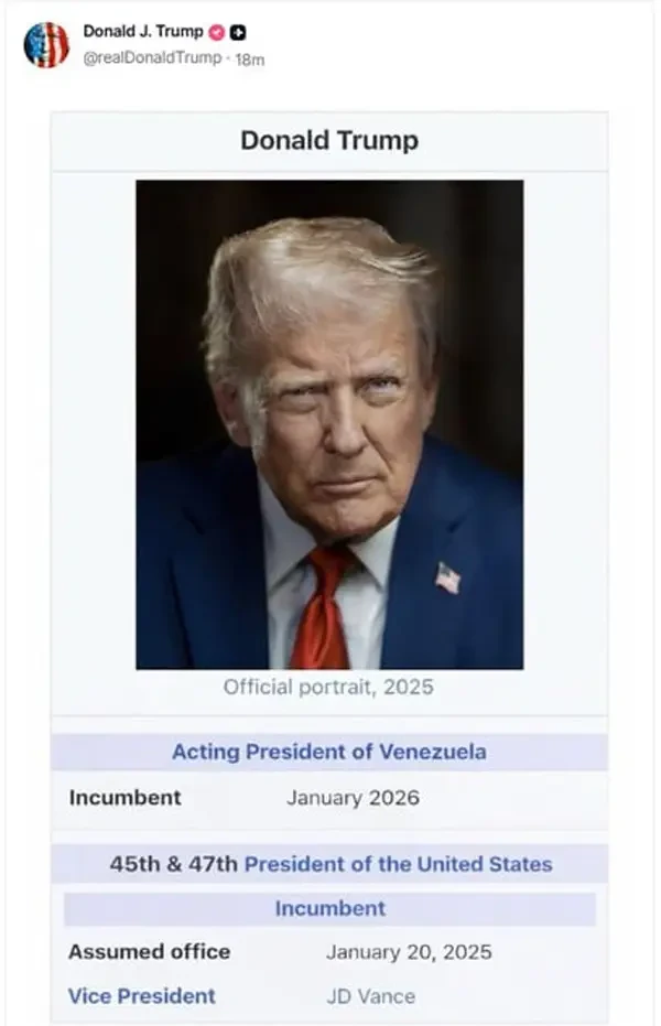 Трамп в соцсети провозгласил себя исполняющим обязанности президента Венесуэлы